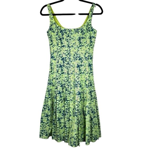 Akris Punto Pleated Dress Lime Green Blue Sleeveless Mod Colorful Women’s Size 4